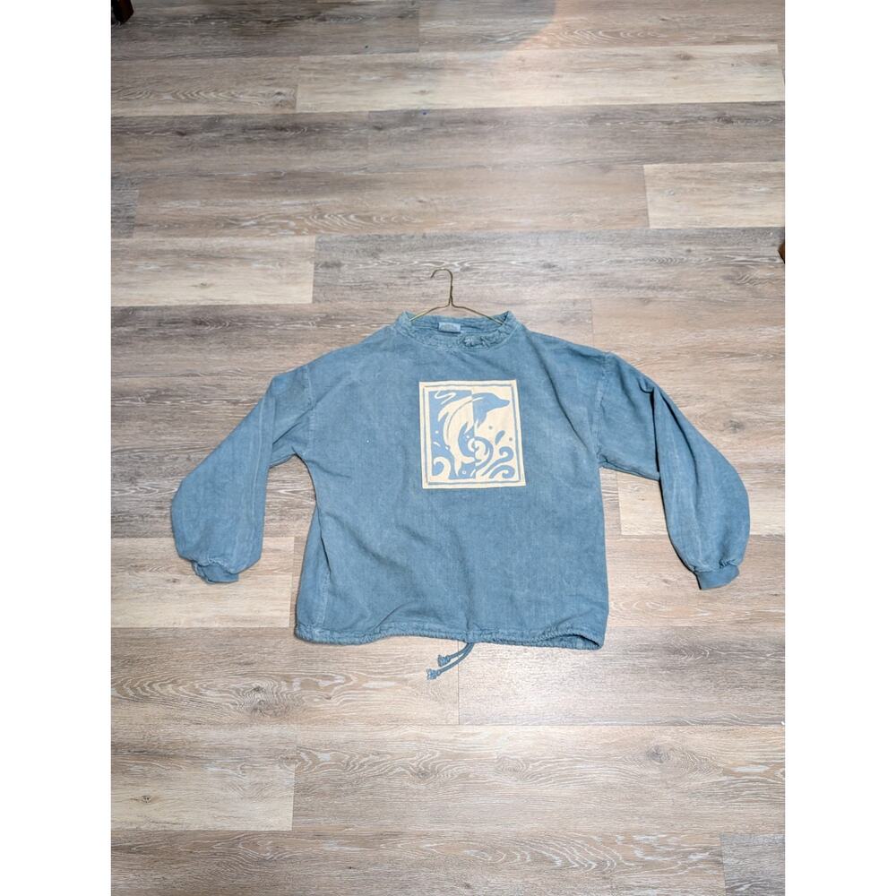 Vtg 90s By Taylor USA Dolphin Art Sweatshirt XL Blue Drawstring Hem Boxy Crop